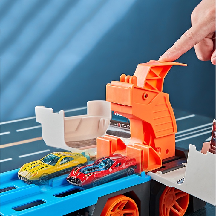 Đồ Chơi Xe Tải Container Hot Wheels Biến Hình Sân Đua Xe, Vận Chuyển Xe Ôtô Cao Cấp Tặng Kèm 6 Xe Con Và Bệ Phóng