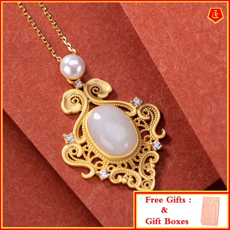 [Ready Stock]Hetian Jade Upscale Personality Hollow-out Women's Necklace Pendant