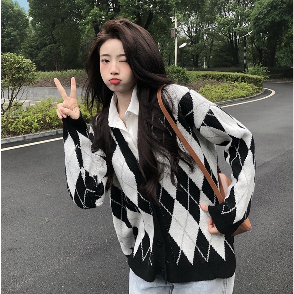 Áo khoác len cardigan kiểu nữ họa tiết kim cương caro siêu xinh ấm áp dầy dặn GEN J CDG Caro