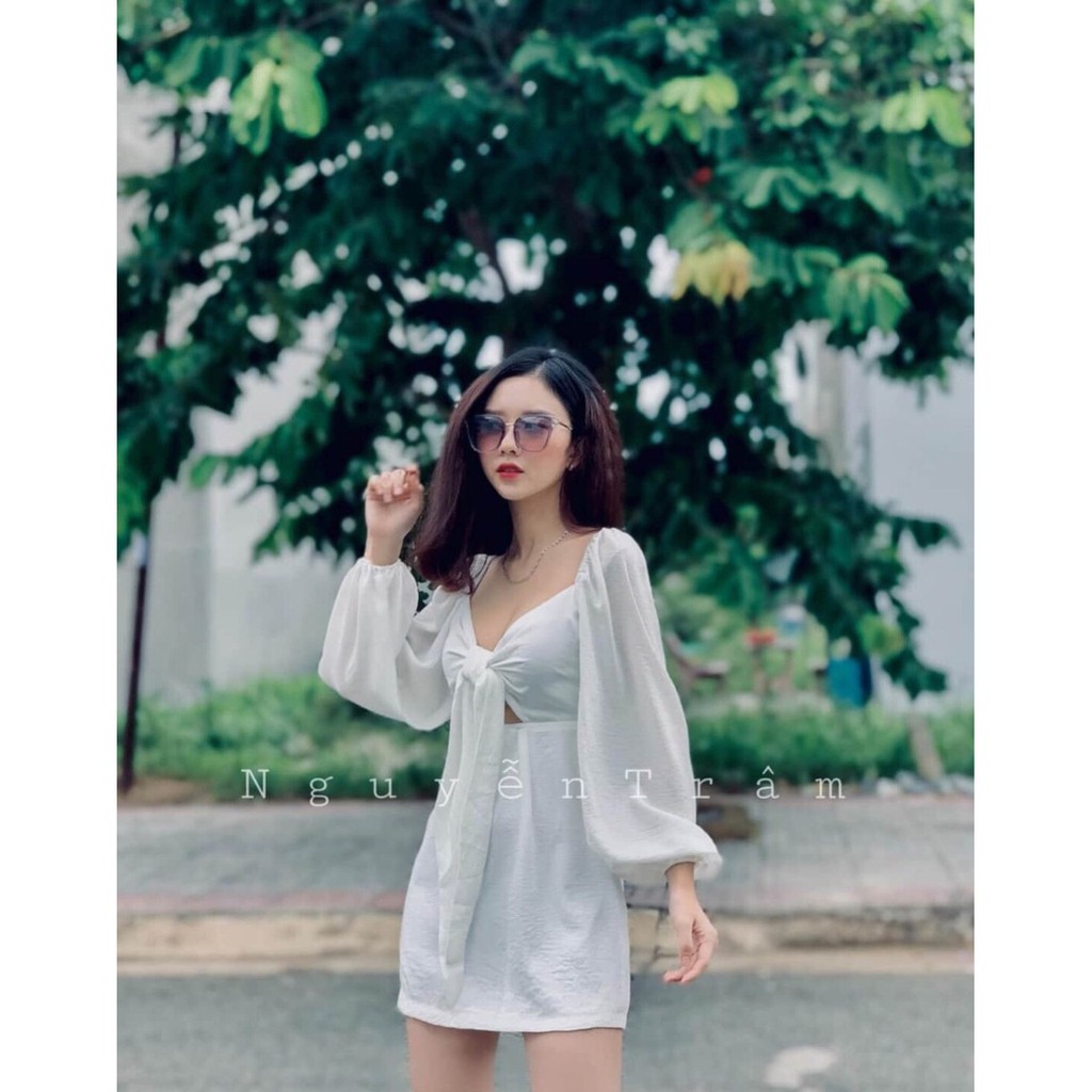 Váy đầm nữ dáng ôm kiểu tay phồng cột nơ trước ngực chất đũi cao cấp thiết kế trẻ trung quyến rũ thích hợp mặc đi chơi | BigBuy360 - bigbuy360.vn