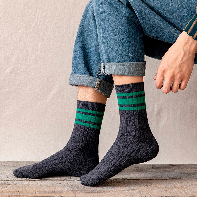 Men's Striped Breathable Crew Fashion Socks Combed Cotton Stripes Casual Comfortable Long Socks Boys Hosiery Easy-matching