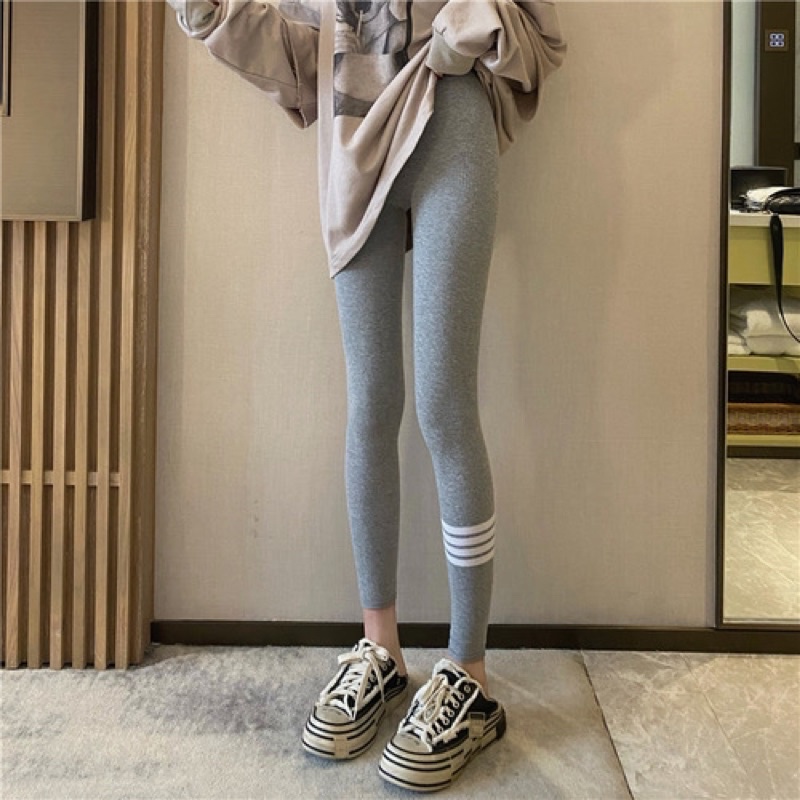 Quần legging thun tăm co giãn phối 3 sọc trắng thời trang (sẵn đen, xám nhạt)