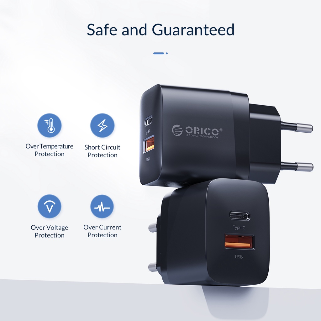 Củ Sạc Nhanh Orico (PV20-1U1C) 20W QC 3.0 Cổng EU Hỗ Trợ Sạc Nhanh 2 cổng Type-C - Hàng Chính Hãng