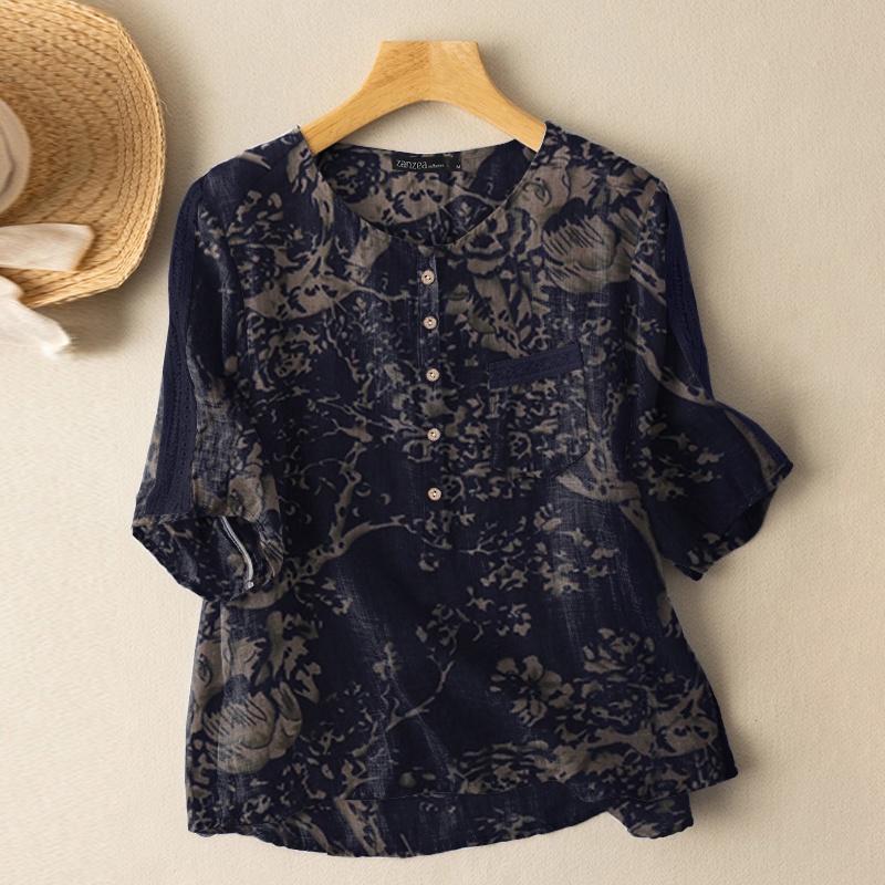 Áo kiểu Zanzea tay lửng cổ tròn in họa tiết thời trang cho nữ