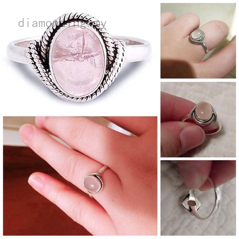 Nhẫn đeo tay màu bạc mặt hình oval đính đá thạch anh hồng phong cách thời trang vintage