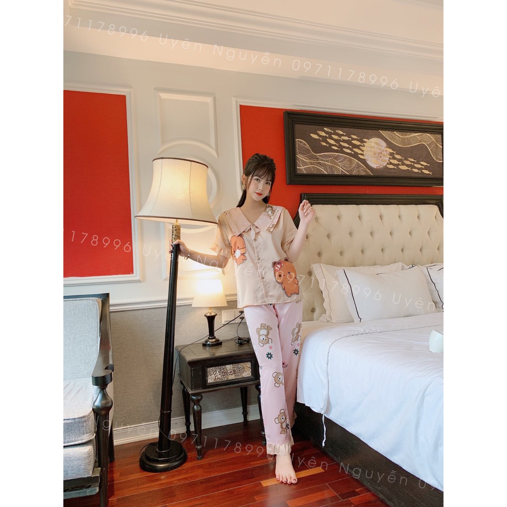 Đồ bộ nữ mặc nhà tay ngắn quần dài phối bèo cổ nơ pijama vải lụa satin kiểu vintage tiểu thư quà tặng vợ | BigBuy360 - bigbuy360.vn