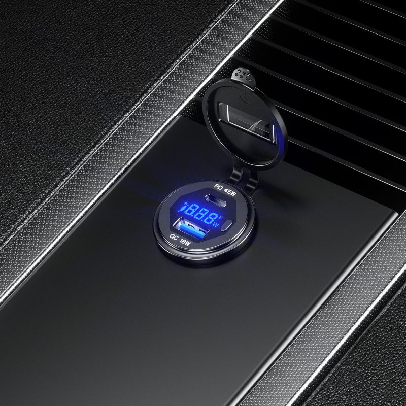 Tẩu Sạc Nhanh IOR 12V-24V 18W QC3.0 USB + 45W USB C PD Có Đèn LED Cho Điện Thoại / Máy Tính Bảng
