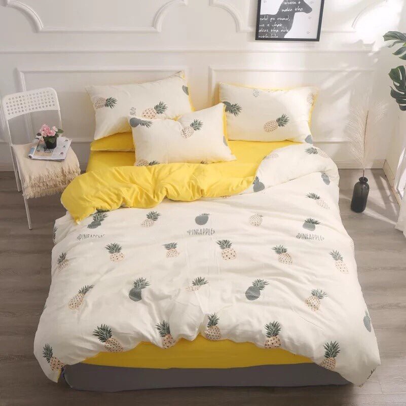 Bộ vỏ chăn ga gối Cotton đũi ( Dứa vàng )