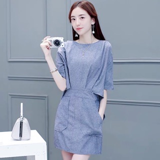 Đầm sọc linen giả set