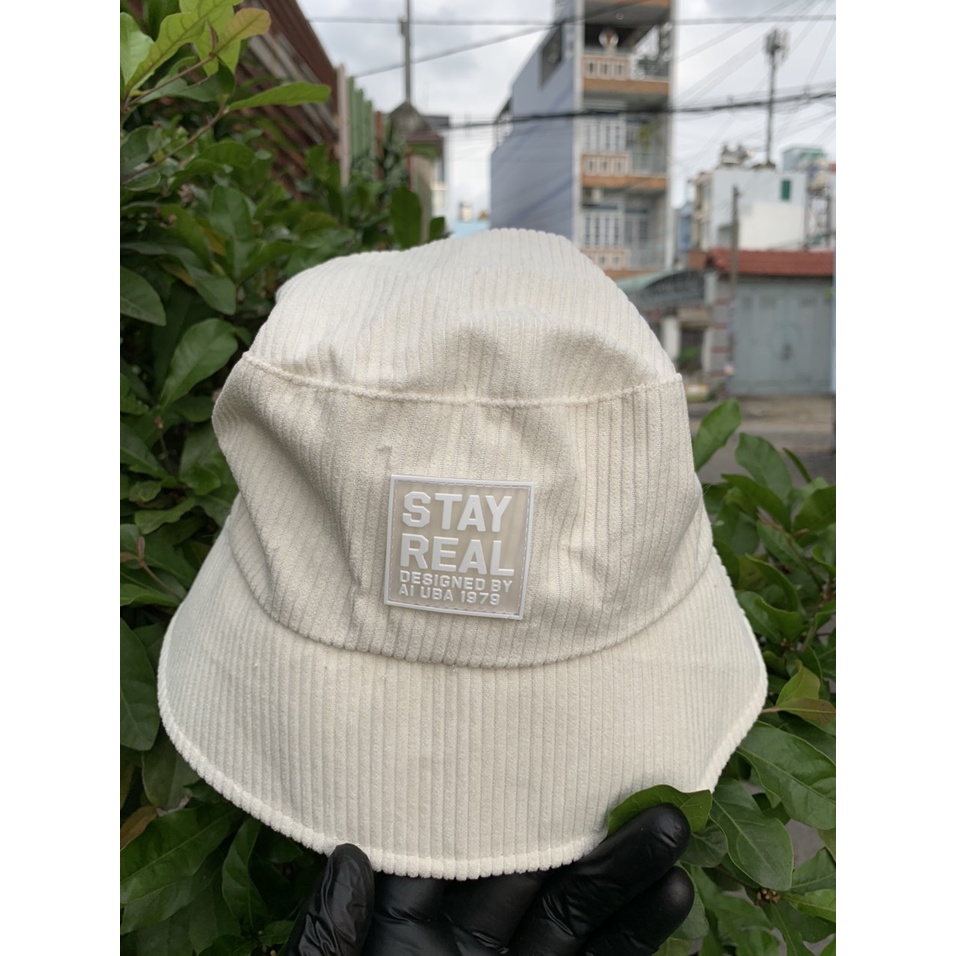 Mũ bucket vành cụp ❤️ Nón tai bèo thêu tem STAY REAL chất nhung tăm cao cấp form unisex nam nữ mm1
