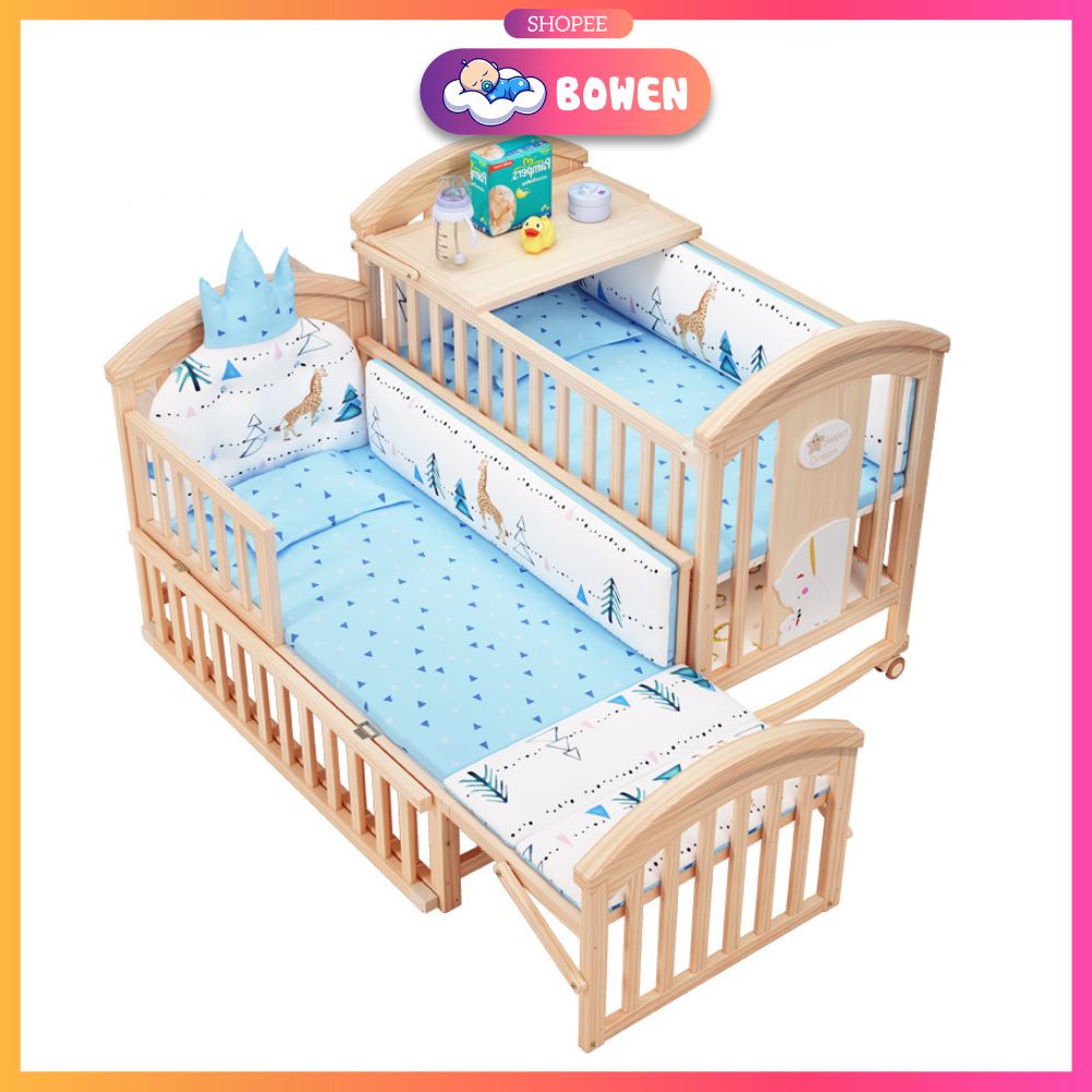 Cũi Gỗ Cho Bé Đa Năng 6 Chức Năng Trọn Bộ, Nôi Cũi Kiêm Giường Điều Chỉnh Thành Giường Dài 150CM
