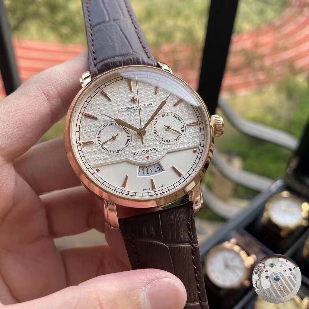 Đồng hồ Nam Vacheron constantin cơ tự động 6kim máy Nhật size 42mm mặt trắng vỏ vàng hồng dây da lịch thứ thàng tháng