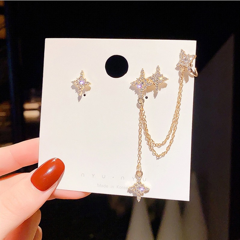 Khuyên Tai Chuỗi Xích Kẹp Vành Tai Không Đối Xứng Mạ Bạc 925 Hình Lục Giác Cho Bạn Gái