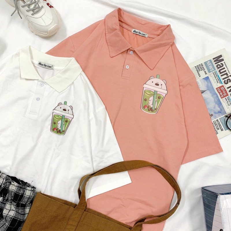 Áo thun có cổ dáng rộng tay lỡ --- ly trà sữa