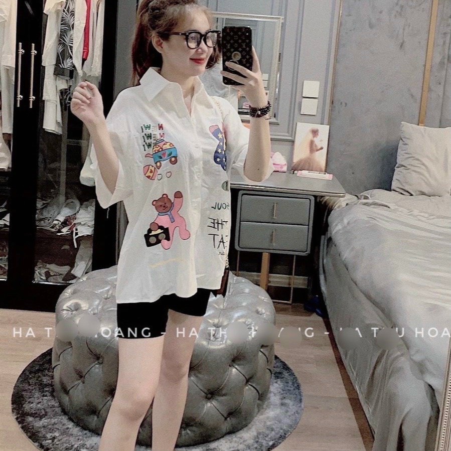 Sét áo sơ mi form rộng in hình hoạt hình phối quần leggin hot hit ( ảnh thật )