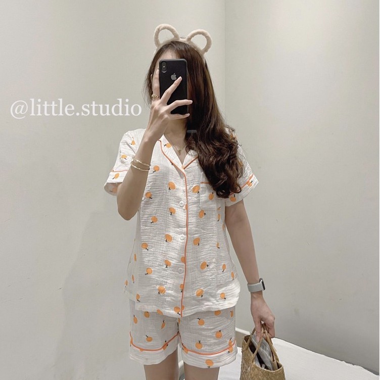 Bộ đồ ngủ Pyjama họa tiết siêu dễ thương vải muslin Hàn Quốc mùa hè