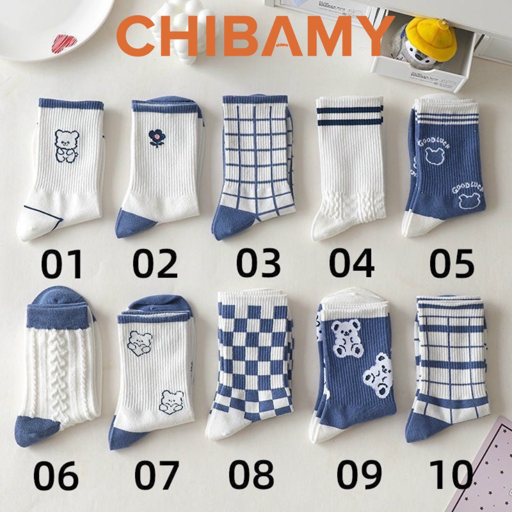 Tất vớ nữ Hàn Quốc cổ cao GẤU XANH phong cách vintage nhiều họa tiết kết hợp giày búp bê, giày thể thao CHIBAMY