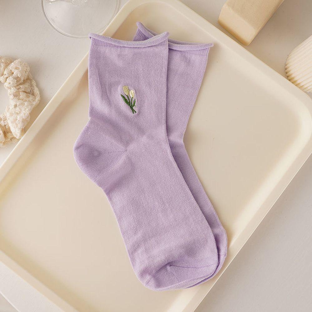 Vớ Cotton Thoáng Khí Thoải Mái Thêu Họa Tiết Hoa Tulip Màu Sắc Đơn Giản Phong Cách Harajuku Cho Nữ