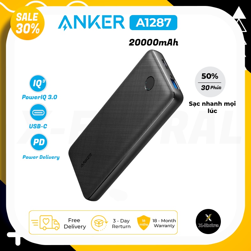 Sạc dự phòng Anker A1287 dung lượng 20000 mah cổng type C sạc nhanh 20W - bảo hành 12 tháng