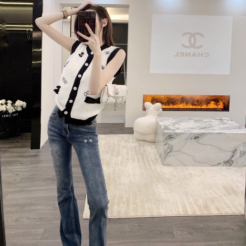 CHANEL knitted vest Xiaoxiang horn jeans original high-definition slimming original label