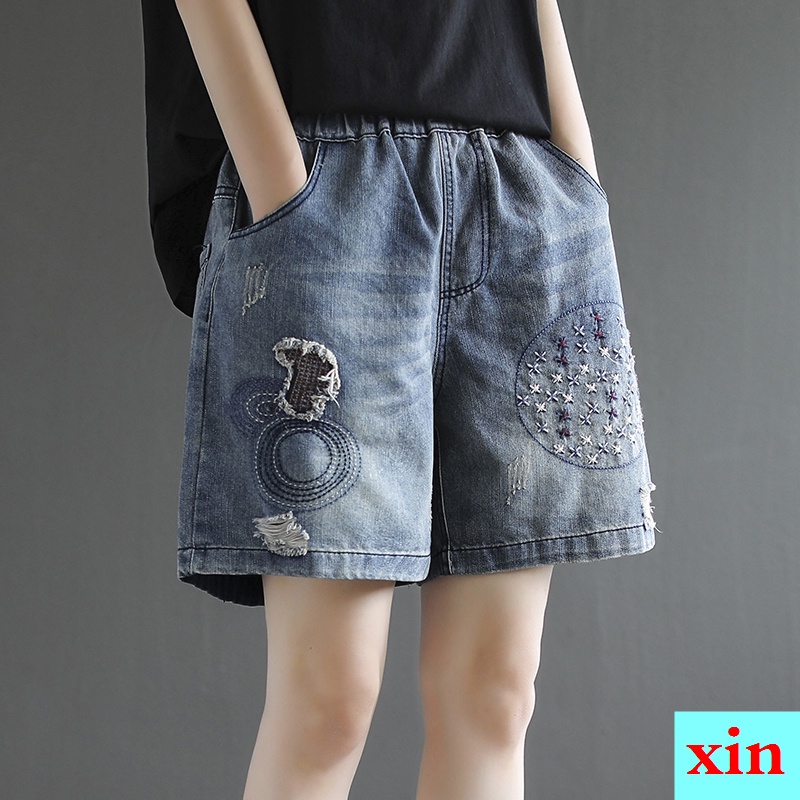 Quần Short Jeans Lưng Thun Ống Rộng Thêu Họa Tiết Thời Trang Cho Nữ