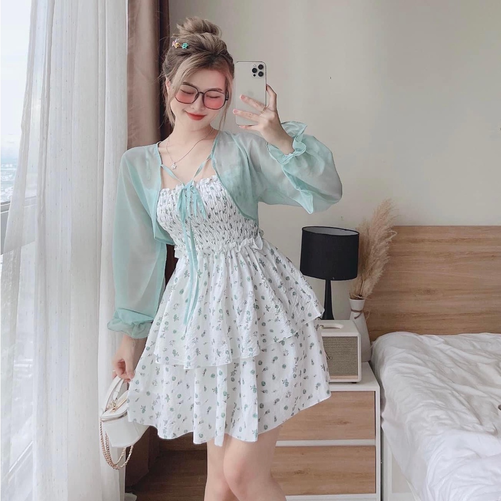 Đầm váy 2 dây mix áo voan ngoài xinh xắn với họa tiết hoa cute dành cho các tình yêu đi chơi, đi biển