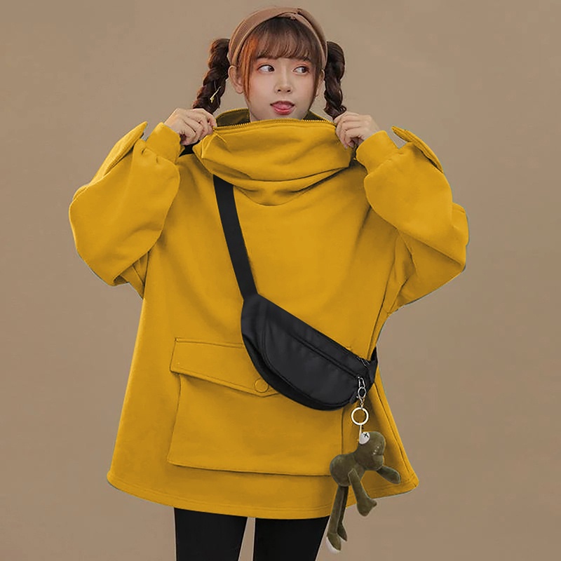 Áo hoodie nỉ chui đầu phối khóa kéo dáng rộng cỡ lớn hình ếch có túi to giữ ấm mùa đông cho tuổi teen