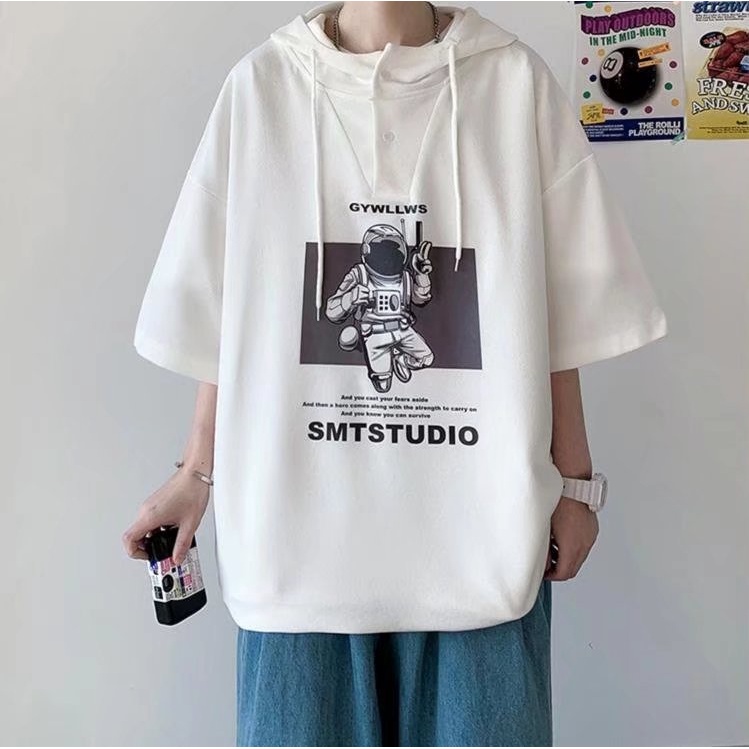 Áo Hoodie Tay Ngắn Dáng Rộng In Hình Phi Hành Gia Kiểu Hip-Hop Đường Phố Nhật Bản Cỡ M-3XL Cho Nam
