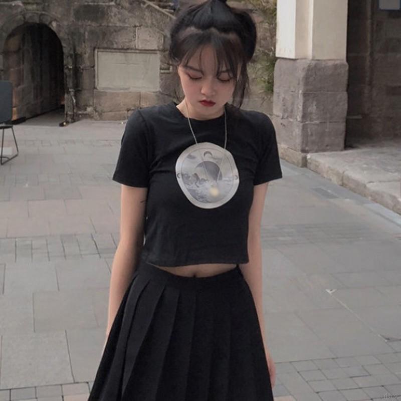 Áo Thun Lưng Tay Ngắn Cổ Tròn Dáng Ôm In Hình Thời Trang Kiểu Hàn Quốc