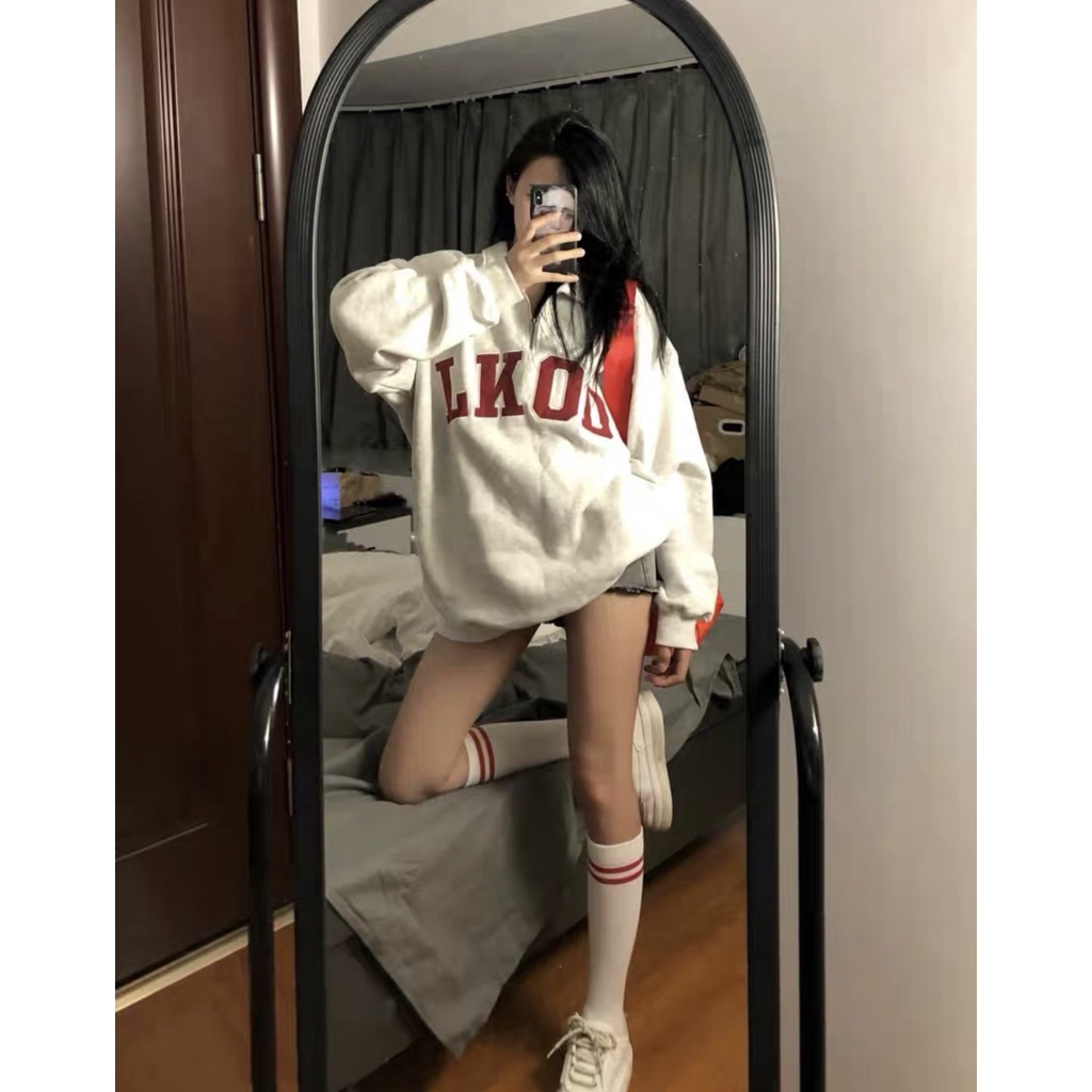 Áo Nỉ Cổ Cao Lkoo PEONYB Nữ [FREESHIP]  Sweater form rộng tay bồng, hoodie zip thêu chữ đỏ cá tính Ulzzang