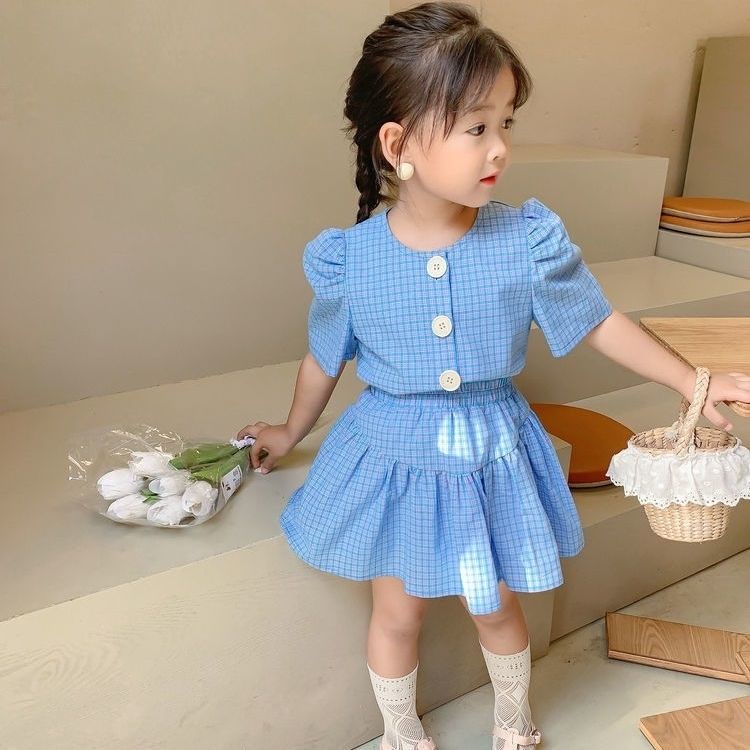 Set Áo Thun Ngắn Tay + Chân Váy Caro Thời Trang Cho Bé Gái