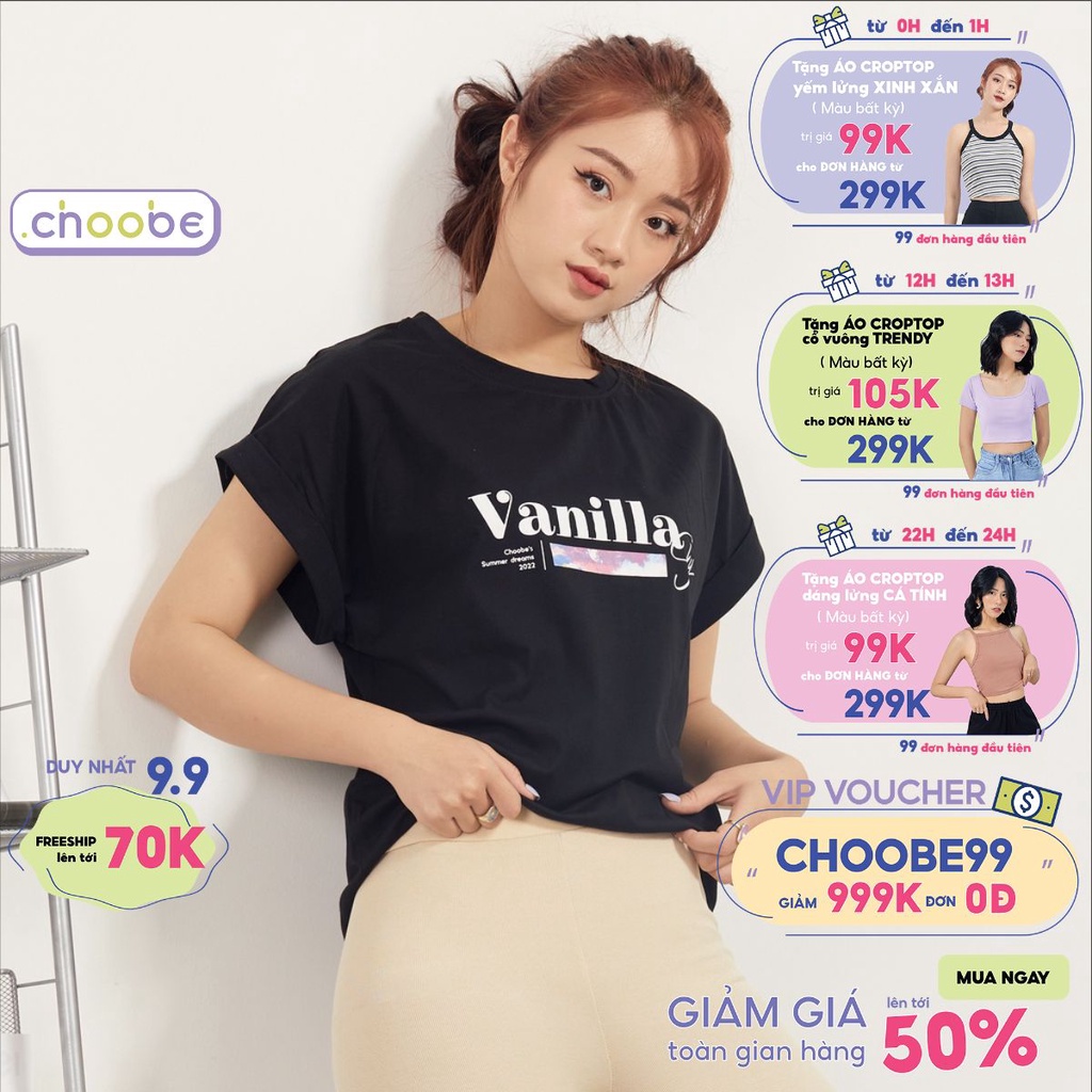 Áo phông nữ Choobe cổ tròn tay gập vải cotton thoáng mát freesize vai đổ đẹp in chữ Vanilla A48