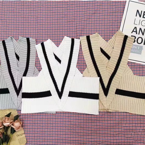 SUXI Áo Croptop Dệt Kim Sát Nách Cổ Chữ V Họa Tiết Kẻ Sọc Thời Trang Mùa Hè Mới