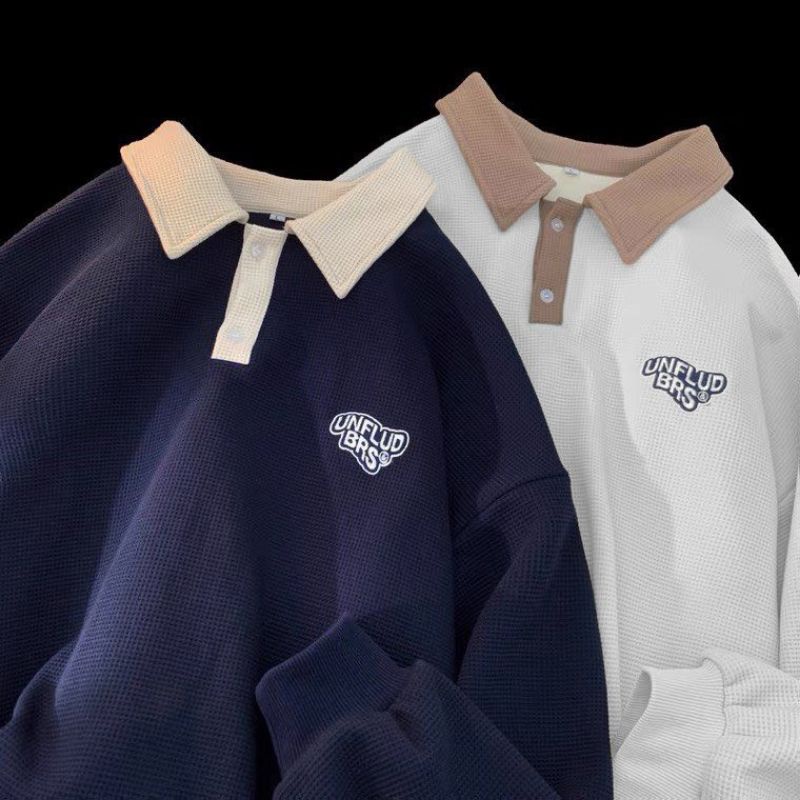 Áo polo sweater unisex phối logo UNFLUD trước ngực-Áo cổ bẻ nam nữ fom rộng dài tay chất cotton tổ ong mềm và mát