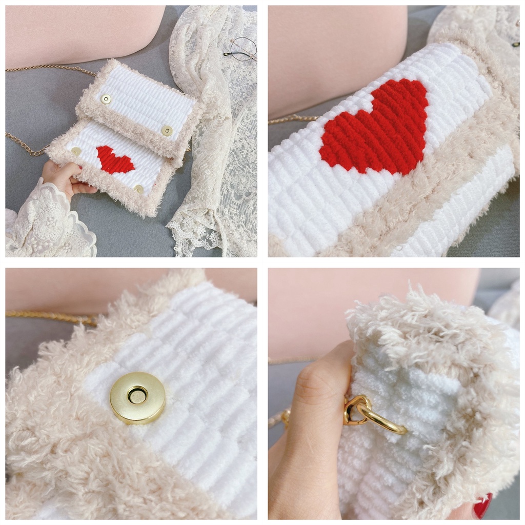 Túi tự đan handmade phối trái tim đỏ, túi đeo chéo dễ thương cá tính - Bộ phụ kiện đầy đủ LX602