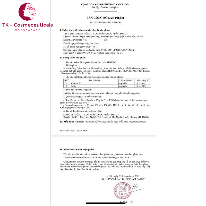 Rutin C Đại Uy/ Rutin C Hà Thành - Bổ Sung Vitamin C Giúp Tăng Tính Bền Mạch Máu, Giảm Chảy Máu Chân Răng - Hộp 100 Viên