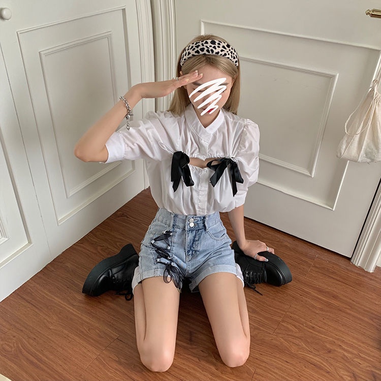 Quần Short Denim Lưng Cao Ống Rộng Thiết Kế Cột Dây Dáng Chữ A Phong Cách Đường Phố Cá Tính Cho Nữ