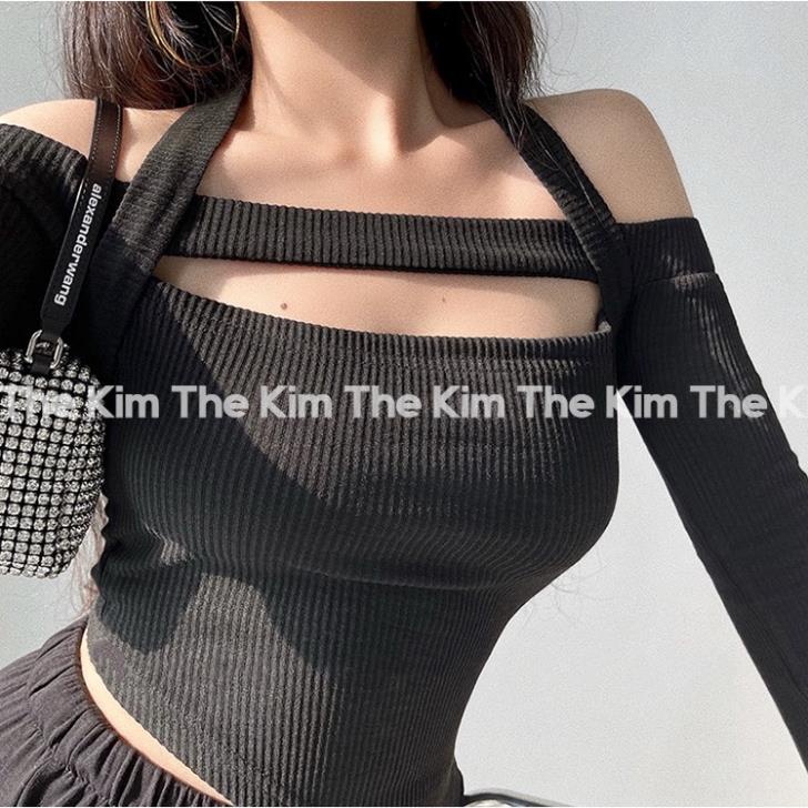 Áo len dài tay trễ vai dây vắt cổ , thun len gân hở vai vạt chéo The Kim AD126 !