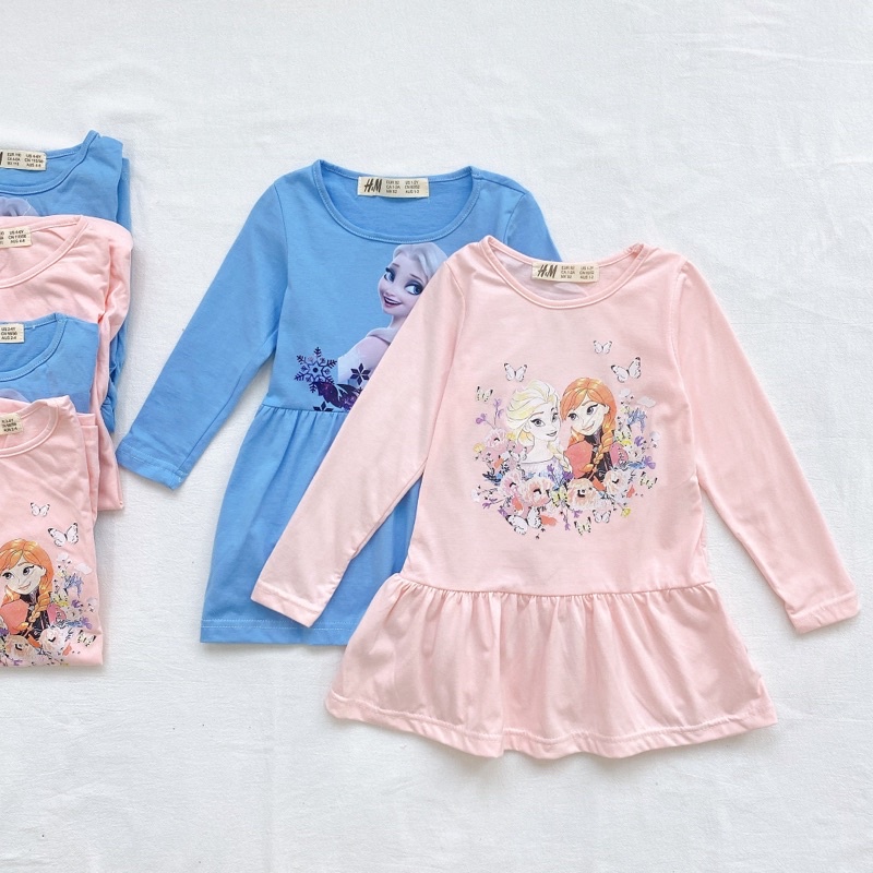 Set 2 váy cotton dài tay El.sa cho bé gái màu xanh hồng cân nặng từ 12-32 cân