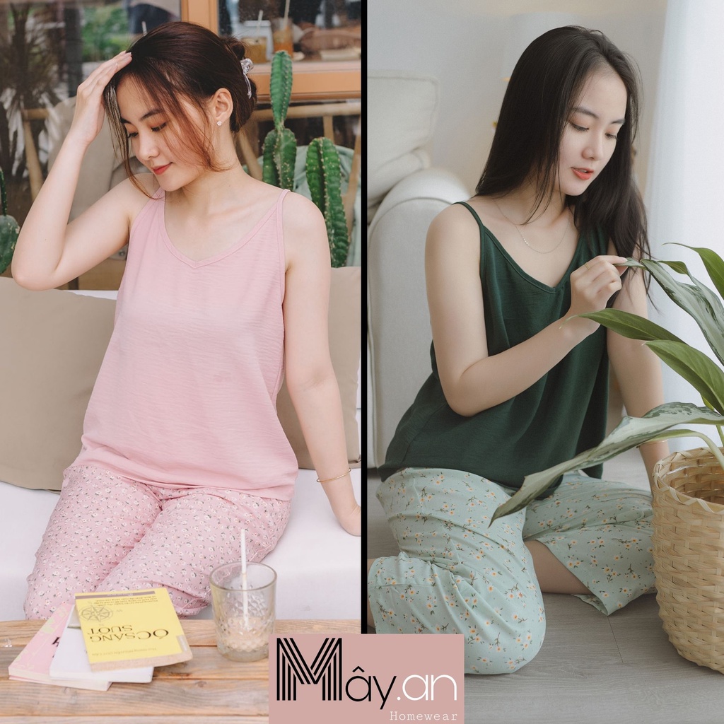 Đồ mặc nhà MÂY áo đũi 2 dây quần dài lụa mango hoa nhí