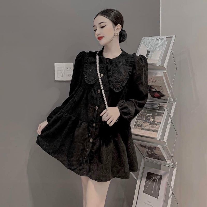 Váy Đầm Babydoll Cổ Bèo Tay Dài Tiểu Thư Chất Nhung Tăm