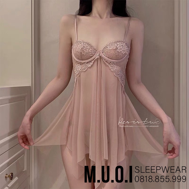 Váy ngủ sexy Quảng Châu[FREESHIP]-Sx 64 Váy ngủ xuyên thấu cup ngang tôn dáng ngực QCCC Muối Sleepwear-sẵn