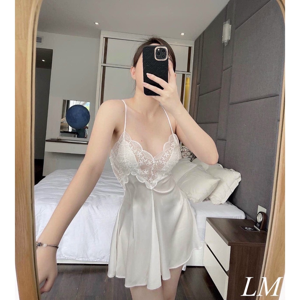 Váy ngủ lụa đáp ren ngực Tea Store V33