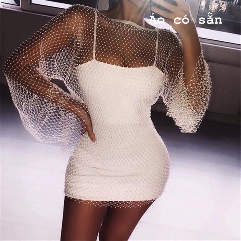 Áo lưới đá bling tay dài