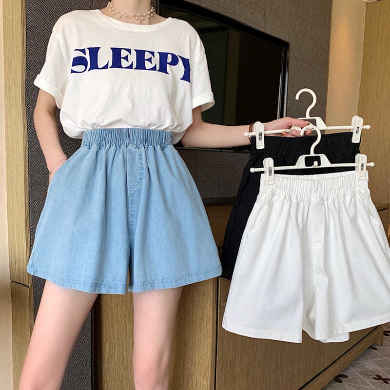 Quần Short Ống Rộng Lưng Cao Co Giãn Màu Đen Thời Trang Mùa Hè Cho Nữ