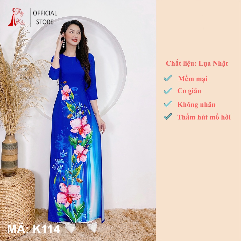 Áo dài truyền thống nữ thiết kế may sẵn cách tân nữ tết nền xanh than hoa đỏ K114 Thúy Kiều mềm mại co giãn,giá rẻ