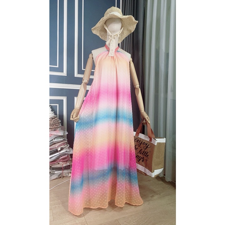 Maxi loang màu cầu vòng cổ yếm đầm loang sang xịn có mút ngực sống ảo cực chất xinh đẹp