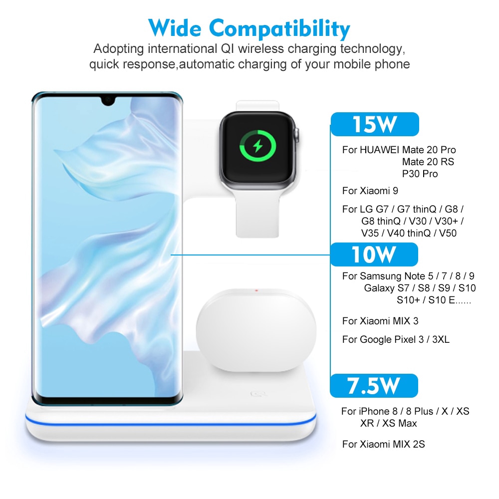 Đế sạc không dây 15W Qi hỗ trợ sạc nhanh cho iPhone 11 XR Samsung S10 S9 Apple Watch Airpods