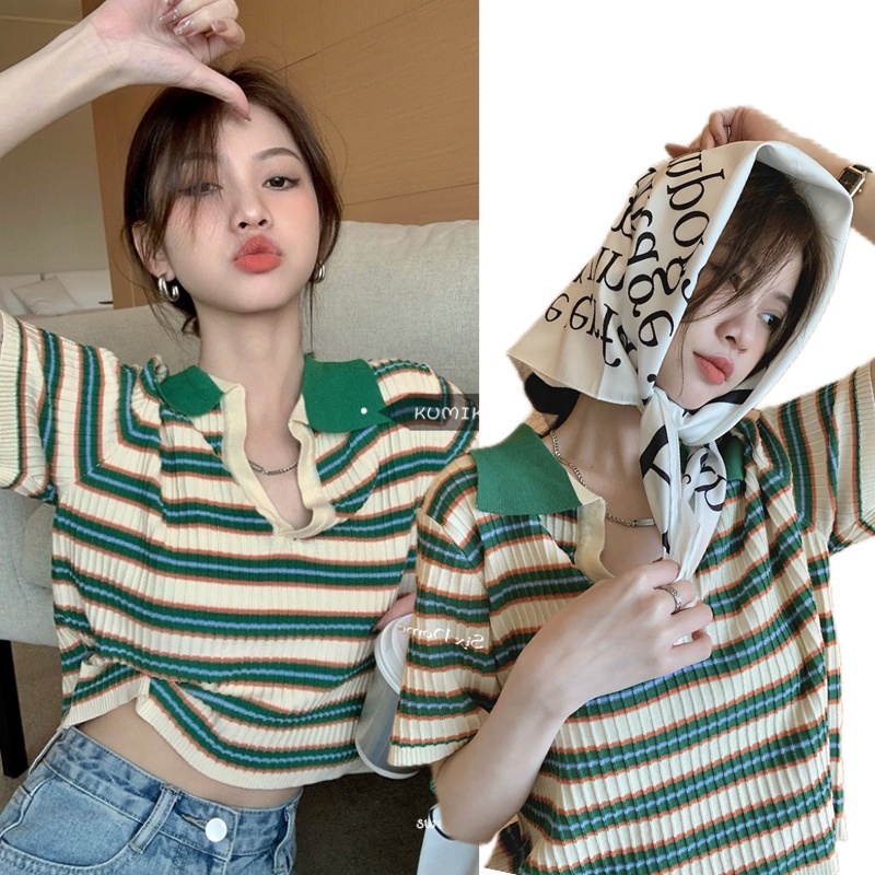 Áo Thun Nữ Tay Ngắn Kẻ Sọc Phong Cách Retro