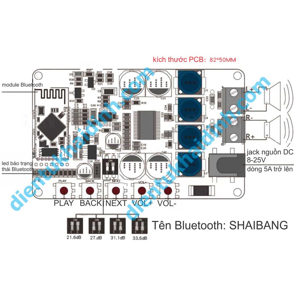 module khuếch đại Audio TDA7492P, tích hợp bluetooth 4.0 kde2175